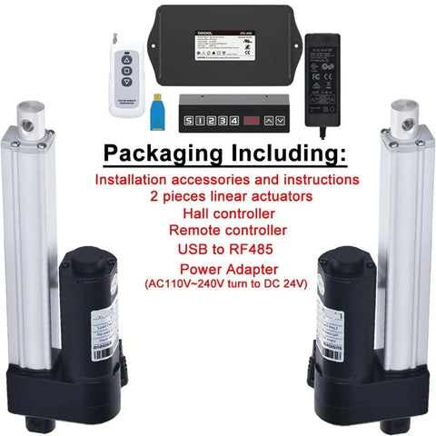 2 Piece Set 24V Linear Actuators With Hall Switch Controller kit including actuators, hall controller, remote, and power adapter.