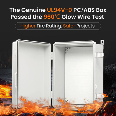 Weatherproof Outdoor Electrical Box With IP66 Rating Large 16.4 By 12.4 By 7.1 Inch Junction Box open showing flame-retardant properties