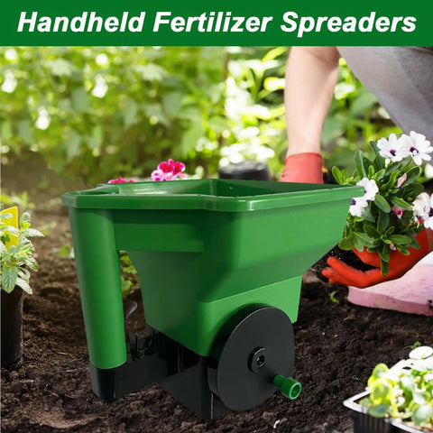 Handheld Lawn Spreader For Grass Seed And Fertilizer No Clog Easy Grip Portable Hand Powered Spreader for garden use.