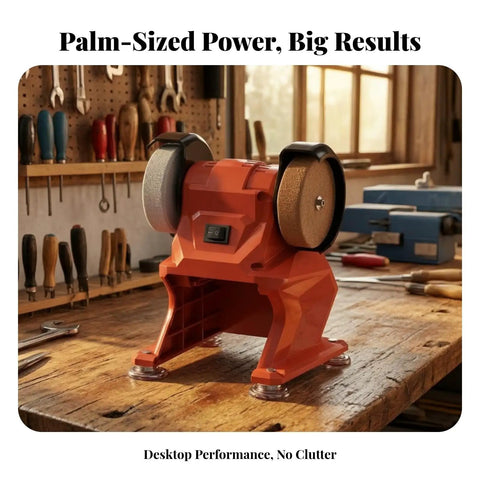 21V Cordless Bench Honing Tool Features a Wicked Stable Mini Grinding Station with Suction Feet for Rock Solid Performance on a workbench.