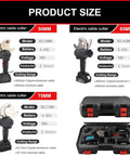Product size chart for Electric Ratchet Cable Cutter Battery Operated Hydraulic Cutter For Copper And Aluminum Wires with case and models EC50M/65M/75M
