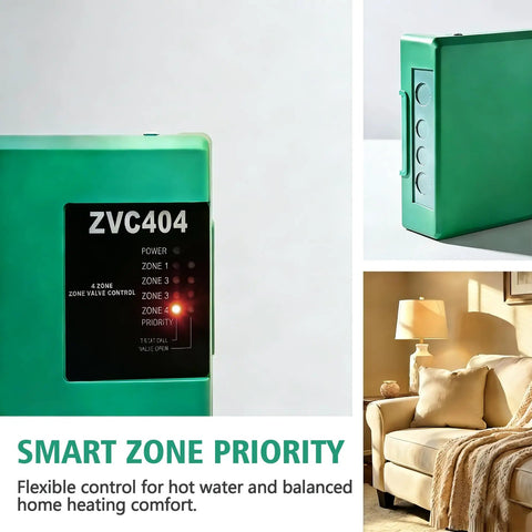 Upgraded 4 Zone Valve Control Board For Hydronic Heating Systems ZVC404-4, green module with clear LED indicators showing zone status.