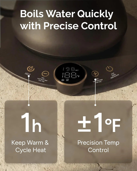 Close-up of Gooseneck Electric Kettle With Precise Temperature Control Plus Or Minus One Degree Fahrenheit display and controls.