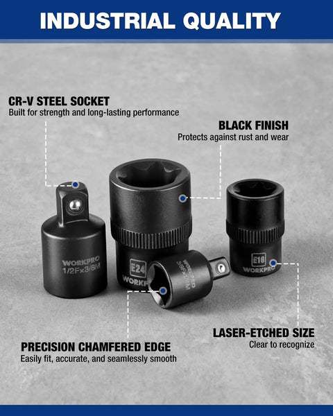 Heavy Hitter E Torx Socket Set With Quick Change Adapter Kit 1 4 3 8 1 2 Inch Drive Sizes Pro Grade Cr V Steel Ratchet Tool in black finish.
