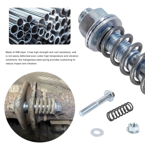 Heavy Duty M10x1.5 Exhaust Manifold Bolts close-up with springs, showing durable steel construction and anti-vibration design.