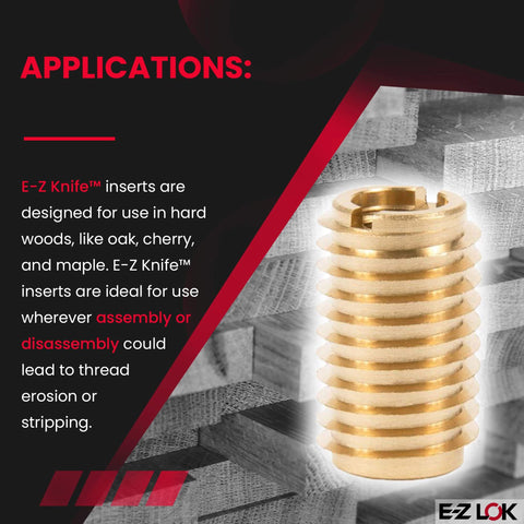 Knife Threaded Wood Insert With Brass Threads, 1/4-20 Internal Threads, 0.75 Inch Length, Pack Of 10, shown in close-up view.