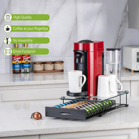 Vertuo Capsule Holder Drawer For Nespresso With Glass Top And Cabinet Storage Rack on a kitchen counter holding 40 pods and mugs