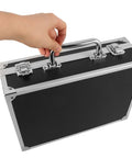 Portable Aluminum Toolbox With Lock Sleek Rigid Case For Small Tools Hardware Gear being held by hand.