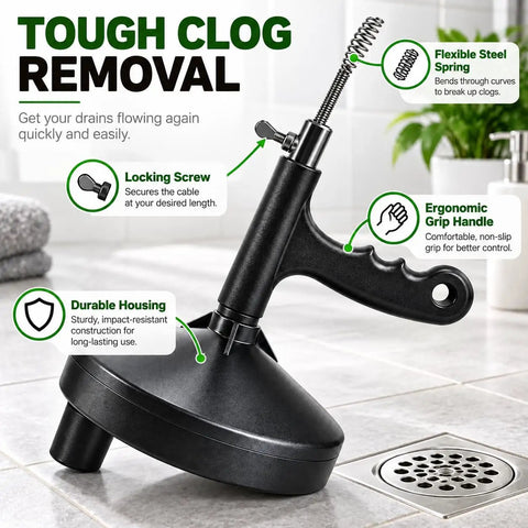 Professional Grade 25ft Manual Drain Auger And Drain Snake With Gloves for kitchen sink, featuring ergonomic grip and durable housing.