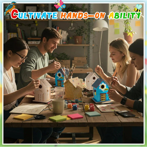 Group painting 2 Pack Rustic Wood Bird House Kit With Paints And Brushes For Grownups And Kids Build It Yourself Pine