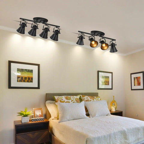Bedroom with two Plug In Four Light Track Lighting Fixture In Industrial Black With Long 14.7 Foot Wire, ceiling lights.