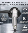 Pneumatic Angle Grinder With 5 Inch Wheel And 11000 RPM Heavy Duty Cutting Polishing And Grinding For Auto Mechanics and Garage Work ergonomic composite handle view.
