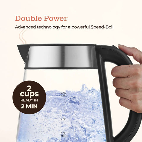 Fast Boil Electric Kettle For Coffee And Tea 1.7L Water Boiler 1500W Borosilicate Glass shown boiling water