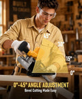 Man using a Seven And One Fourth Inch Brushless Cordless Circular Saw Heavy Duty Beast with angle adjustment diagram in workshop.