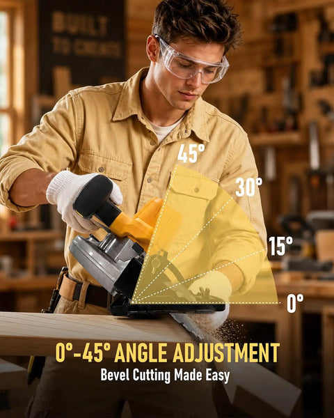 Man using a Seven And One Fourth Inch Brushless Cordless Circular Saw Heavy Duty Beast with angle adjustment diagram in workshop.