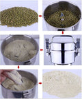 Swing Type Electric Grain Grinder For Home Use And Small Biz showing grain grinding process from whole beans to fine powder.