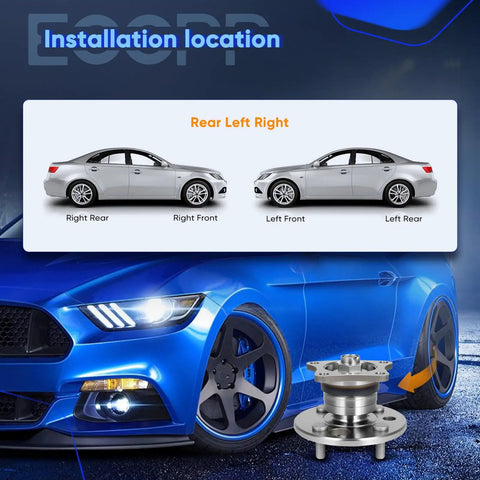 Installation guide for 2 Piece Wheel Hub Bearing Kits showing front and rear locations for Toyota Corolla and Chevrolet Prizm.