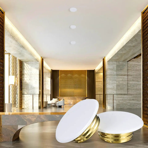 Indestructible Fire Sprinkler Covers 4 Pack Galvanized Steel Ceiling Guard protective trim rings displayed in a modern interior.