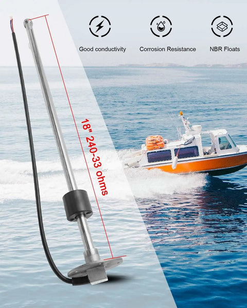 Heavy Duty Rock Solid 18 Inch Marine Fuel Sending Unit With Precision Float Gauge 240 To 33 Ohm Range displayed over water with boat.