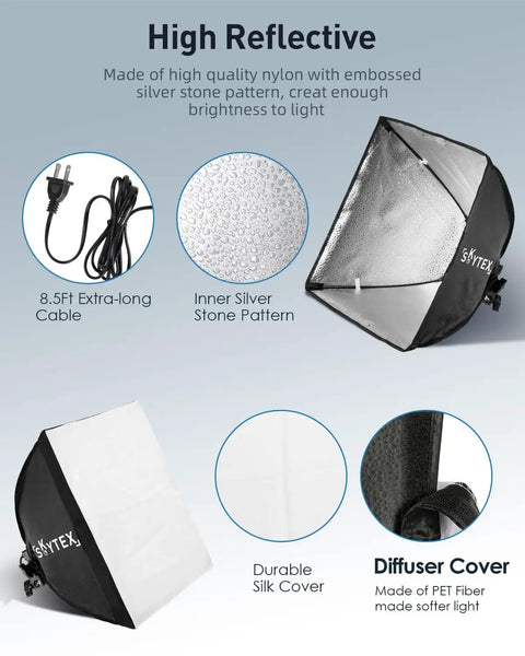 Pro Softbox Lighting Kit 16x16in with 135W LED bulb showing nylon cover, silver stone pattern, and silk diffuser for studio photos.