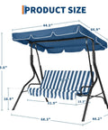 Adjustable Canopy Three Seat Patio Swing For Adults With Heavy Duty Steel Frame And 600 Lb Capacity Outdoor Garden Swing Chair, striped blue.