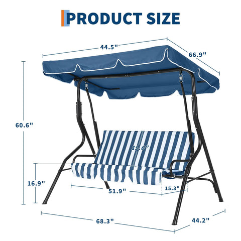 Adjustable Canopy Three Seat Patio Swing For Adults With Heavy Duty Steel Frame And 600 Lb Capacity Outdoor Garden Swing Chair, striped blue.