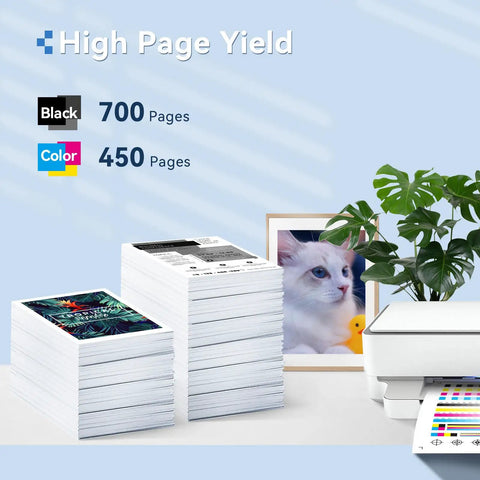 67XL Black And Color Ink Cartridges Combo Pack For DeskJet And Envy Series high-yield, printer with printed pages, plant, photo frame.