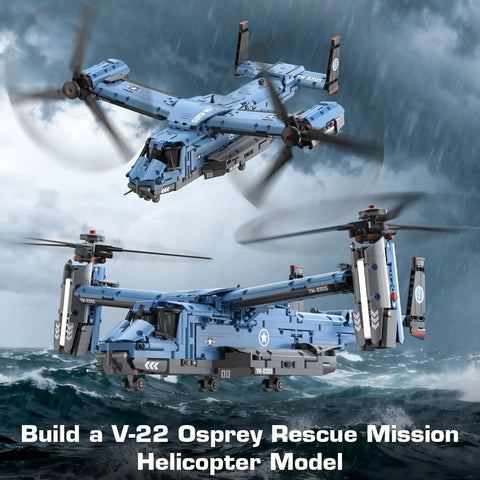 V22 Osprey Military Helicopter Building Blocks Set With 1486 Pieces flying display in stormy sky.