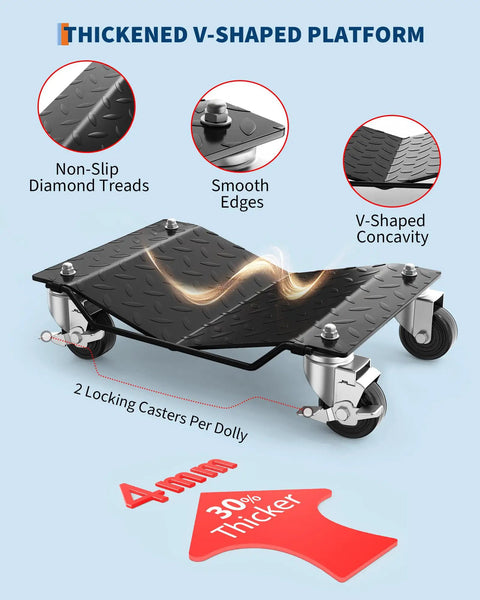 Heavy Duty Wheel Dollies Set Of 4 Rock Solid Vehicle Movers With Quick Stop Brakes, showing thickened V-shaped platform and locking casters.