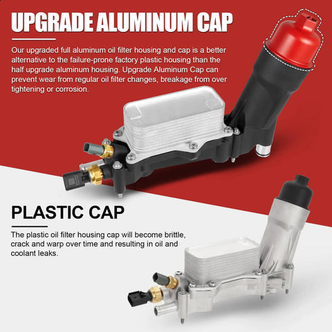 Upgrade aluminum oil filter housing and cap for Heavy Duty Full Aluminum Engine Oil Cooler And Filter Housing Kit With Sensors And Seal Set For Dodge Chrysler And Jeep 3.6L Rigs.