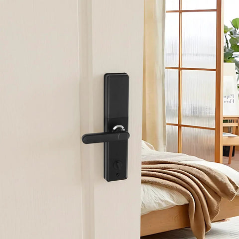 Slick Smart Fingerprint Door Lock And Keyless Entry Deadbolt Handle crafted from heavy duty aluminum alloy on a door.