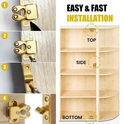 Installation steps of Gold Double Roller Cabinet Latch Set with spring loaded door catch for cabinets and kitchen doors.