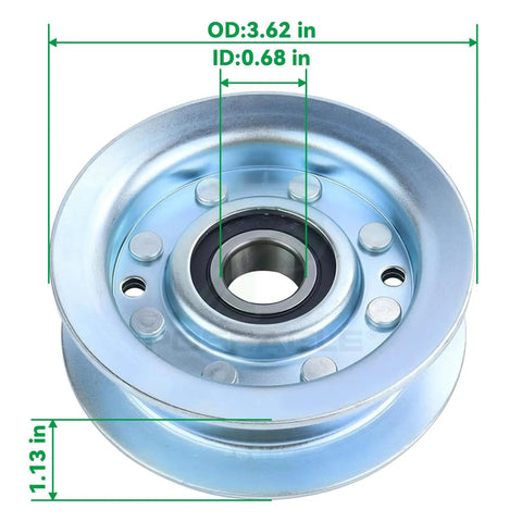 Straight Up Quality Idler Pulleys For John Deere Gy22172 And Gy20067 with dimensions of 3.62" OD and 0.68" ID.