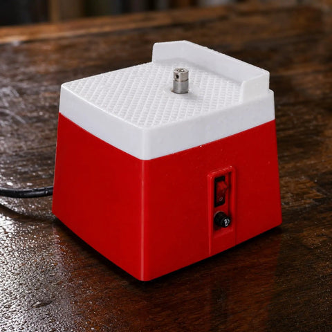Compact Electric Glass Edge Smoothing Grinder With Drop Dead Accurate Water Drain Plate and Straight Up Settings for Crafters Chasing Hassle Free Finishing Results On The Job Or In The Shop, red and white benchtop polisher.