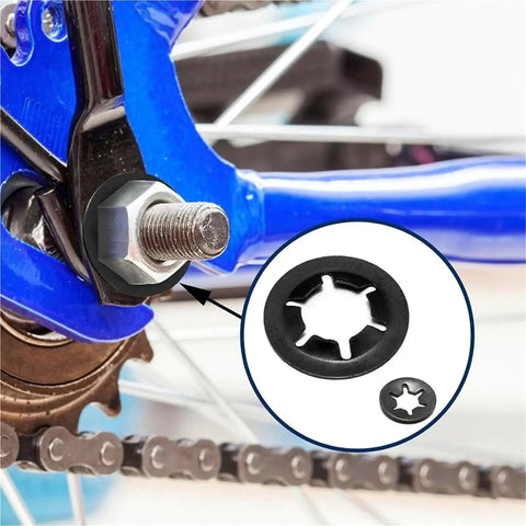 Internal And External Tooth Lock Washers Kit In 65Mn Steel Pro Grade Grab-And-Go Ready Push On Locking Fasteners shown on bike bolt