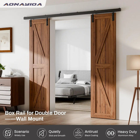 Double Barn Door Hardware, Twelve Foot Heavy Duty Aluminum Box Rail, Smooth Glide Sliding Track System, wall mount design with wooden double doors.