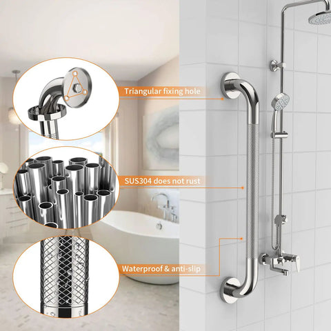 Straight Up 36 Inch Shower Grab Bar With Killer Anti Slip Knurled Grip For Bathroom Safety And Added Stability showcasing features in a modern bathroom.