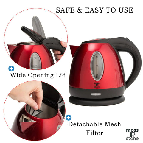 Red One Point Two Liter Cordless Electric Kettle 1500 Watt Fast Boil Stainless Steel Portable Tea Pot With Boil Dry Protection