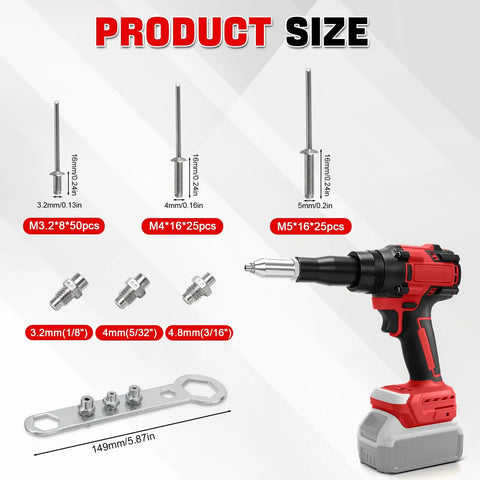 Heavy Duty Cordless Rivet Gun With Brushless Motor And Serious Torque Handles showing multiple rivet sizes and tool specifications.