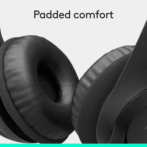 Close-up of H390 Wired Headset With Noise Cancelling Mic For PC And Chromebook, USB A Stereo Headphones With padded ear cushions.