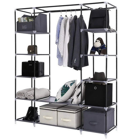 Heavy Hitter Portable Closet Wardrobe Organizer With Slick Nonwoven Fabric Cover And Beefy Steel Frame Built Solid For No Sweat Roomy Storage Shelves And Long Hanging Rod In Soft Gray with clothes and accessories.