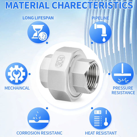 304 Stainless Steel Pipe Fitting Union One Half Inch NPT Female Thread Adapter featured with material characteristics for plumbing