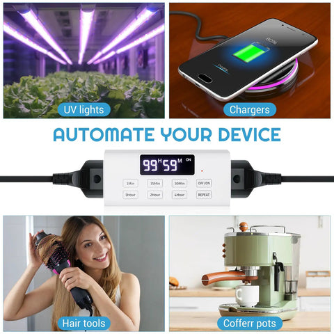 Slick Countdown Timer Outlet Pair Featuring One Touch Digital Dual Plug With Massive Backlit LCD Display For No Sweat Daily Scheduling And Knockout Auto Shutoff Power Control with a countdown of 99:59.