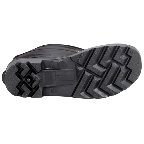 Bottom view of Badass Black Men's Waterproof PVC Work Boots showing deep cleats for traction on wet surfaces.