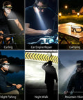 Badass Rechargeable LED Safety Glasses With Dual LED Spot And Flood Lights Five Bright Lighting Modes For Camping Hiking And Night Shift Work Gear That Is A Total Game Changer For Anyone On The Go worn during cycling and car engine repair at night.