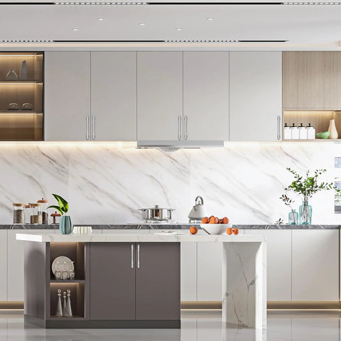 Modern kitchen with 10 Pack 5 Inch Polished Chrome Kitchen Cabinet Handles And Drawer Pulls Set on white cabinets.