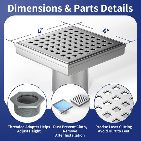 Square Shower Drain 4 Inch Brushed 304 Stainless Steel Dual Filter with dimensions and parts details for easy installation.