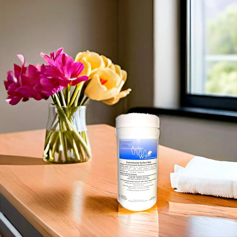 Jar of disinfectant wipes on a wooden table beside a vase of flowers and a folded towel in natural light.