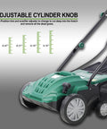 Side view of Two In One Electric Dethatcher And Scarifier For Lawns 13 Inch Walk Behind Dethatcher with 4 position depth adjustment.