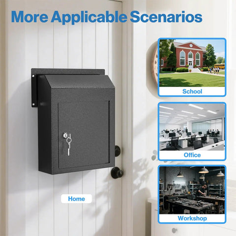 Rainproof Heavy Duty Mailbox Door Drop Box with Galvanized Steel Construction mounted on door showing various applicable scenarios